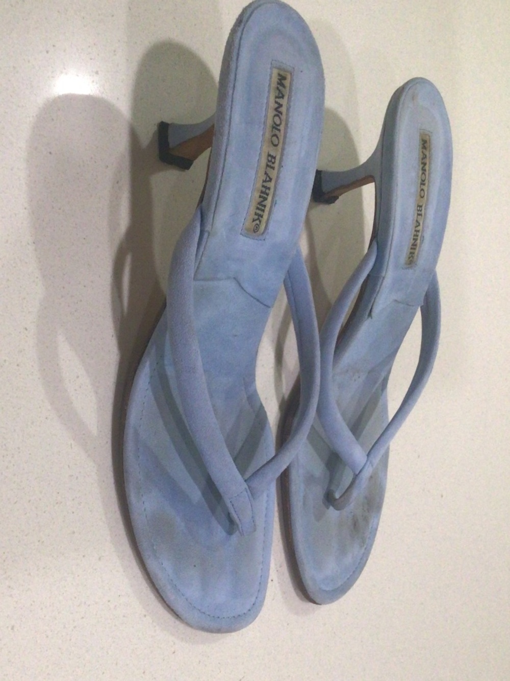Manolo Blahnik light blue suede kitten heel sandals size 36